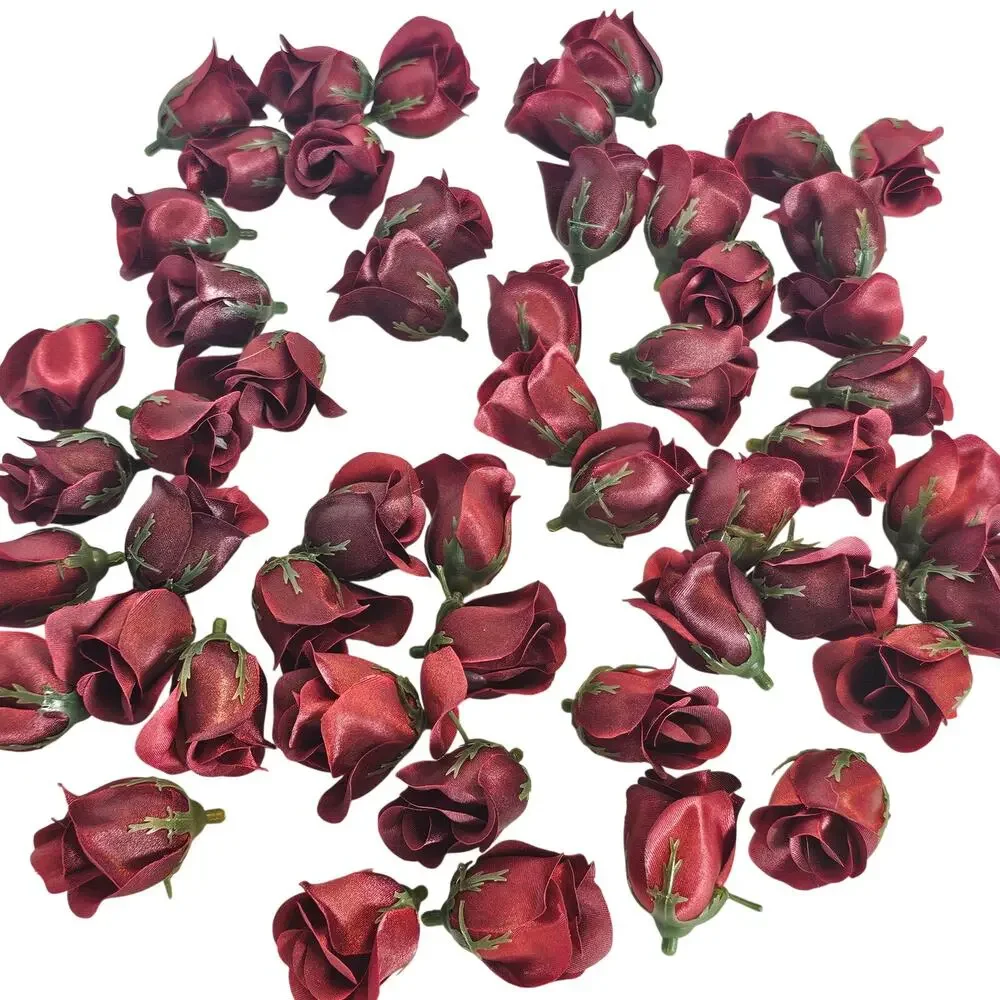 50 Burgundy Red Satin Rose Buds Stemless Wedding Floral Craft DIY 2 inch Flowers